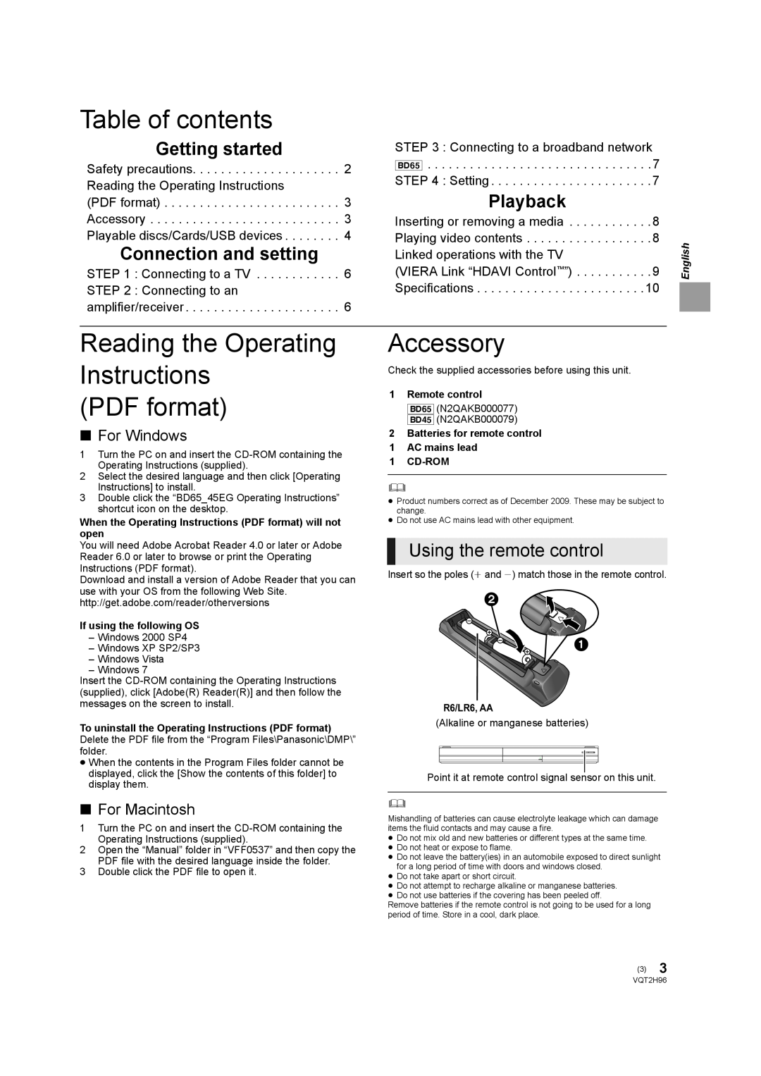 Panasonic DMP-BD65 Table of contents, Reading the Operating Instructions PDF format, Accessory, Using the remote control 