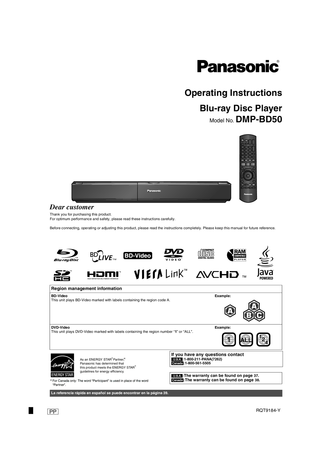 Panasonic DMP-BD50 warranty Region management information, If you have any questions contact, BD-Video, DVD-Video 