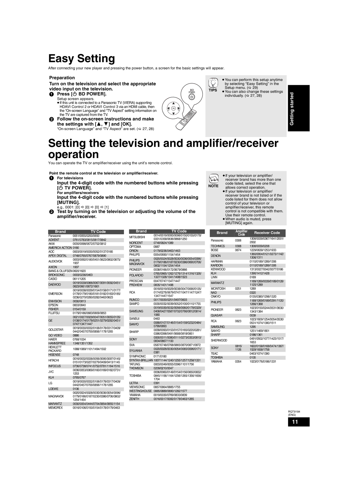 Panasonic DMP-BD50 warranty Easy Setting, Setting the television and amplifier/receiver operation 