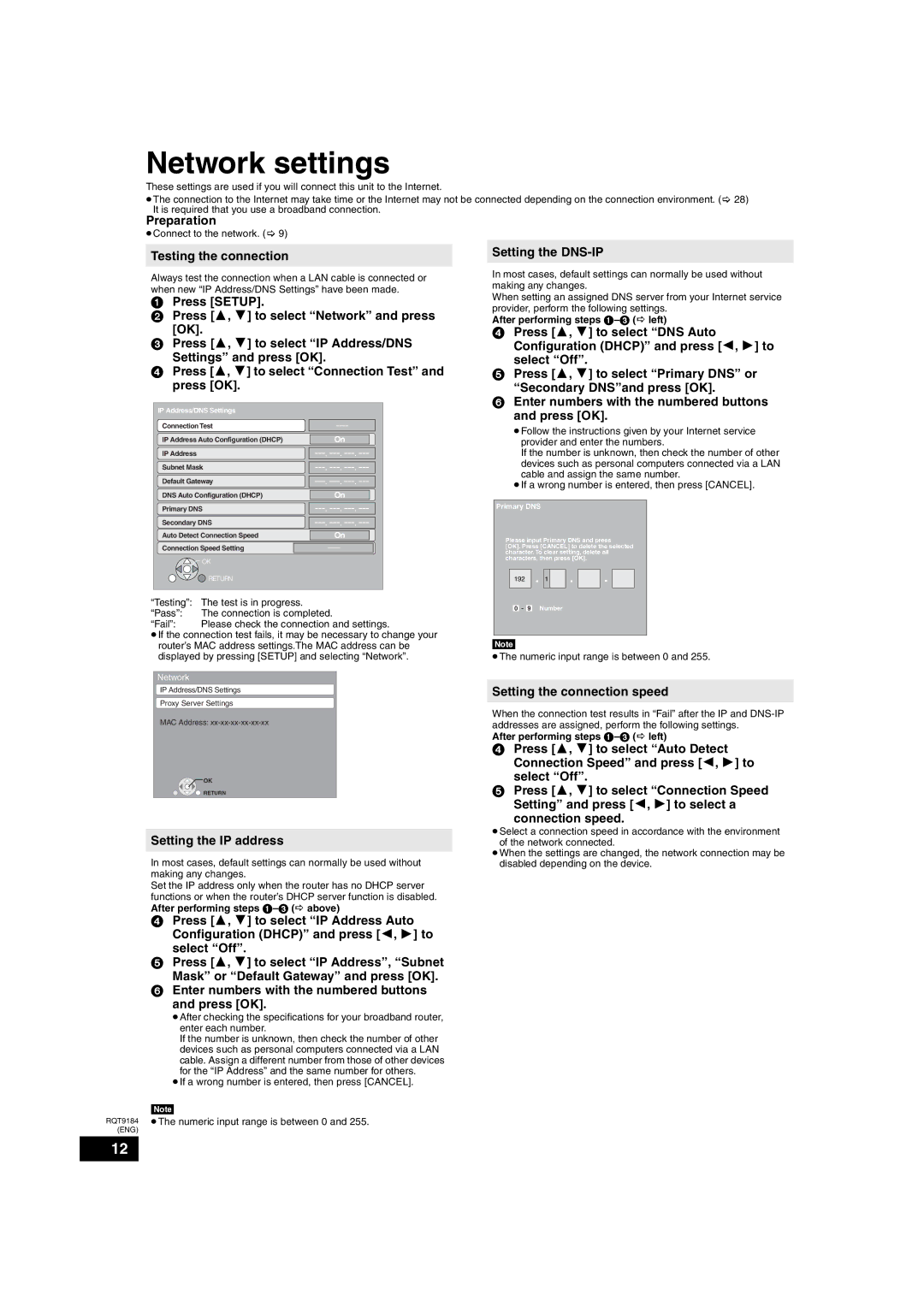 Panasonic DMP-BD50 warranty Network settings, Testing the connection, Setting the IP address, Setting the DNS-IP 