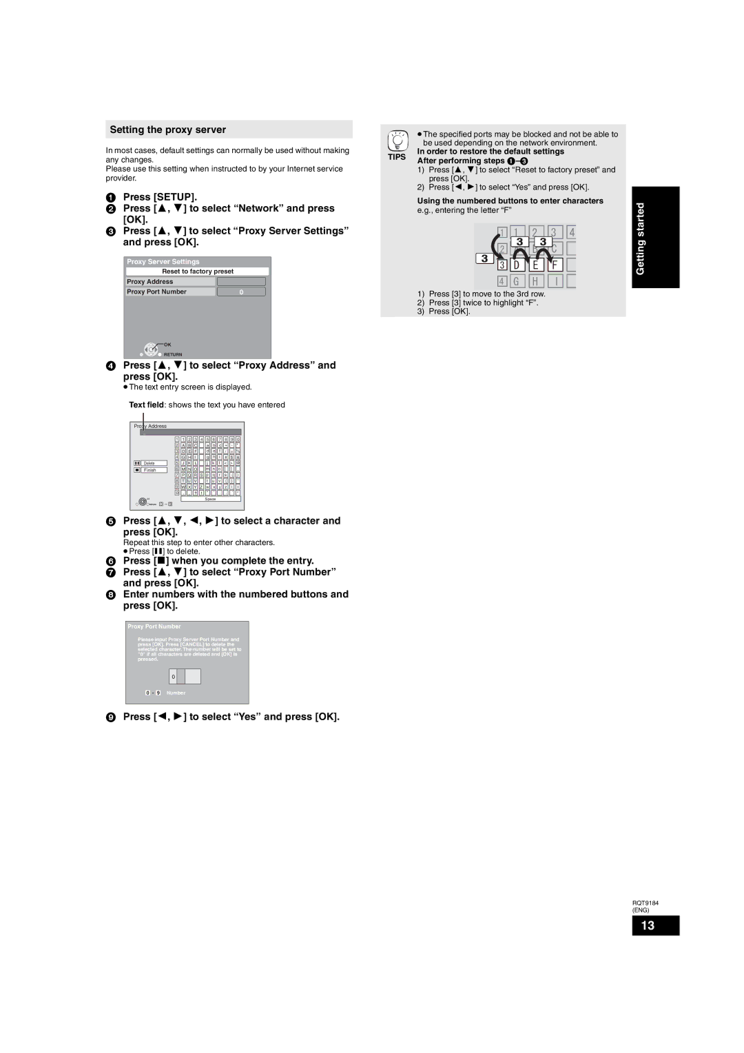 Panasonic DMP-BD50 warranty Setting the proxy server, Press 3, 4 to select Proxy Address and press OK 