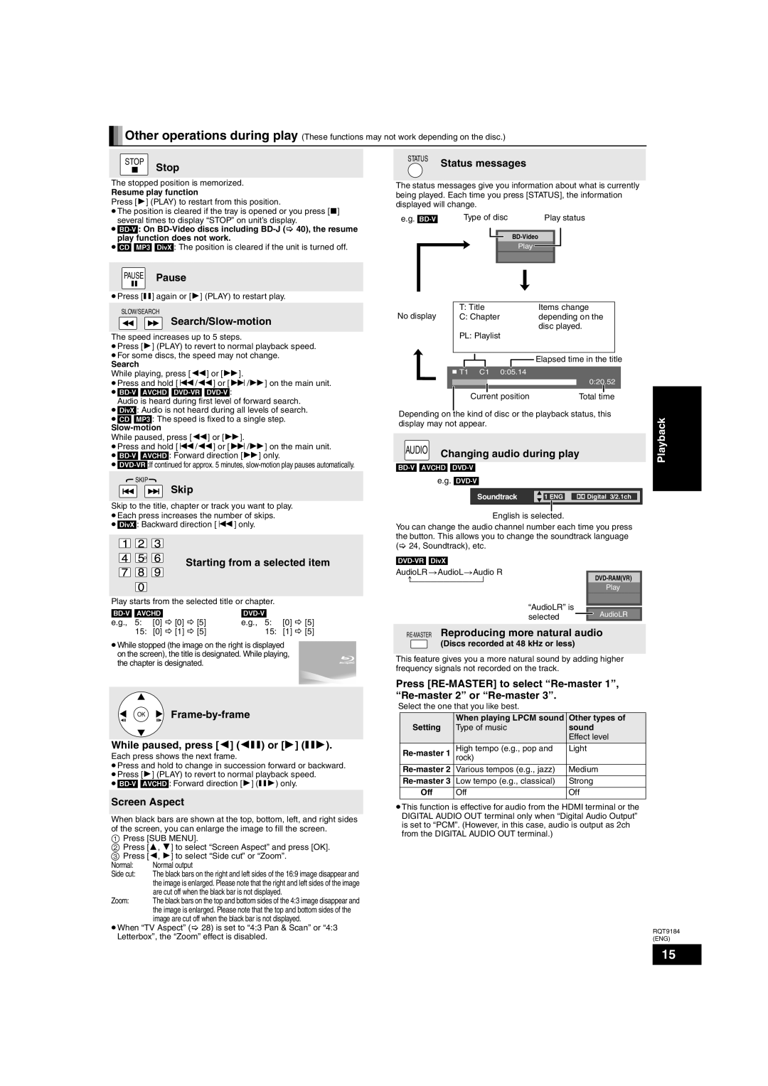 Panasonic DMP-BD50 Stop, Status Status messages, Search/Slow-motion, Skip, Starting from a selected item, Screen Aspect 