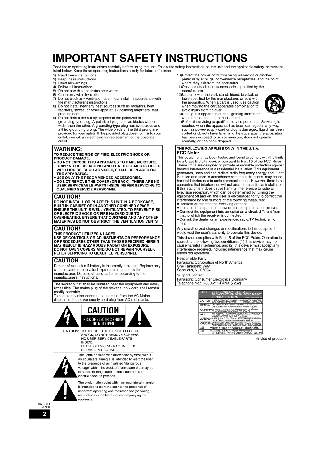 Panasonic DMP-BD50 warranty FCC Note, Following Applies only in the U.S.A 