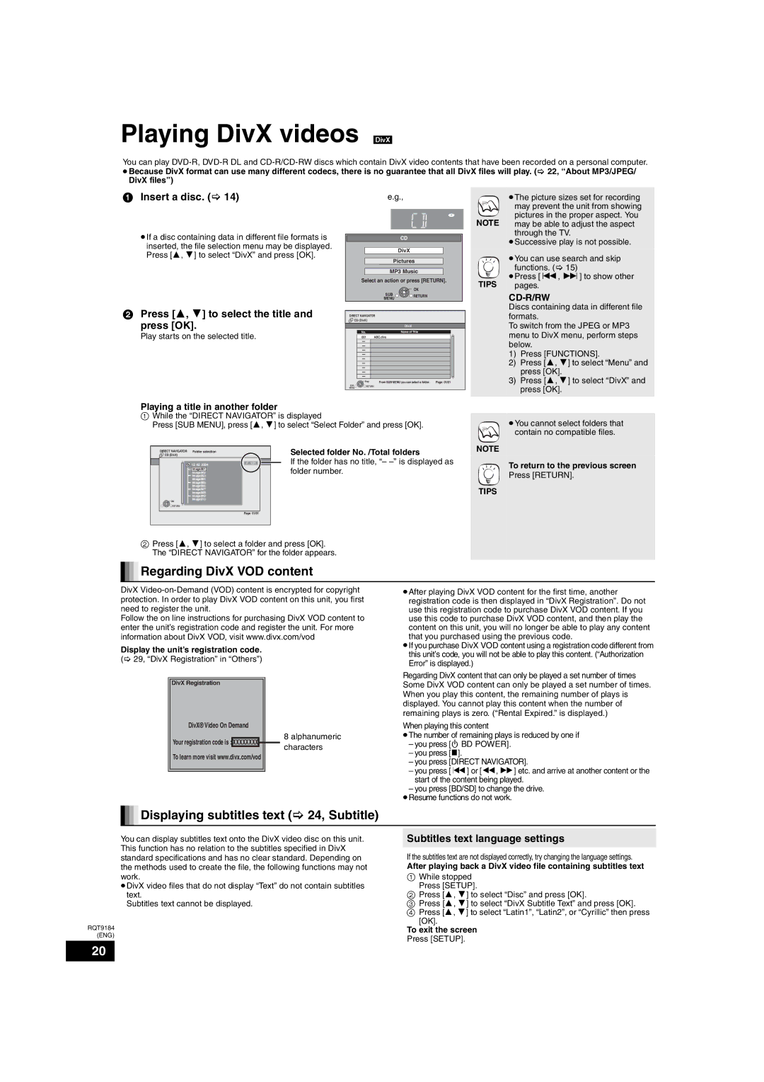 Panasonic DMP-BD50 warranty Playing DivX videos DivX, Regarding DivX VOD content, Displaying subtitles text 24, Subtitle 