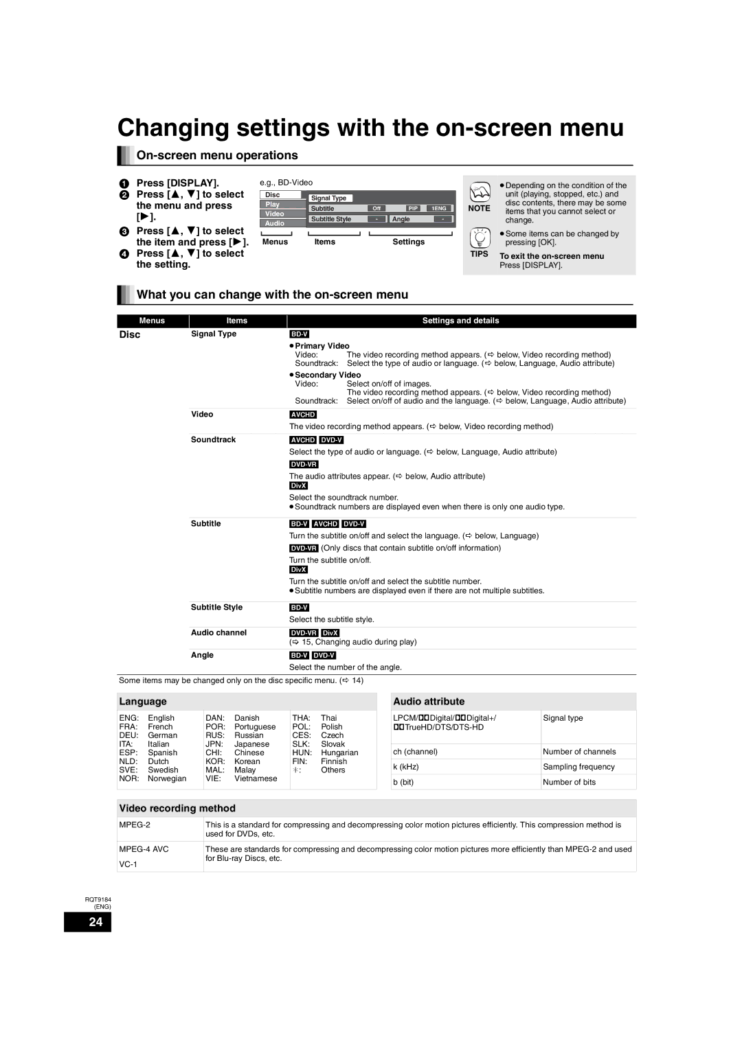 Panasonic DMP-BD50 warranty Changing settings with the on-screen menu, On-screen menu operations 