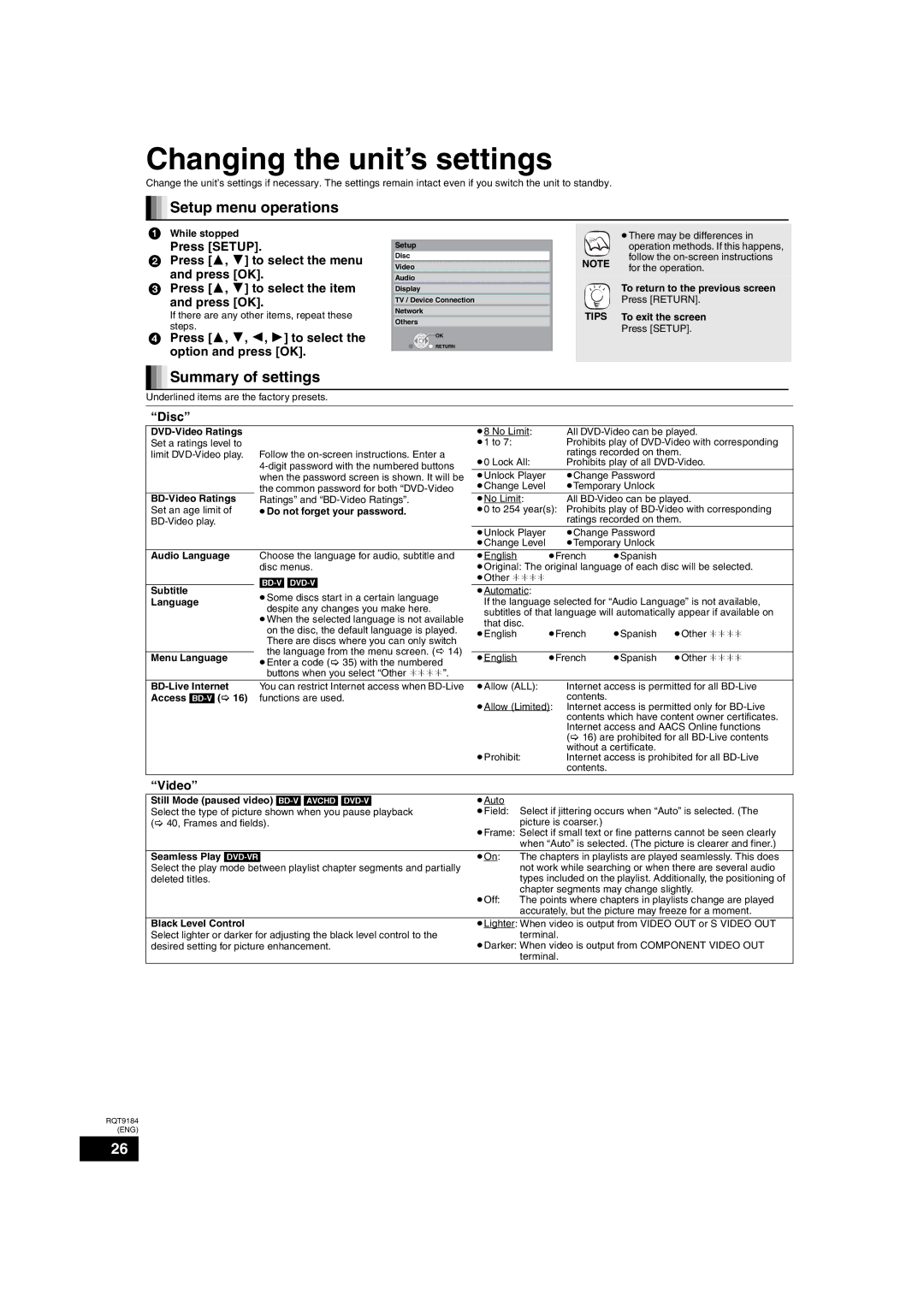 Panasonic DMP-BD50 warranty Changing the unit’s settings, Setup menu operations, Summary of settings 