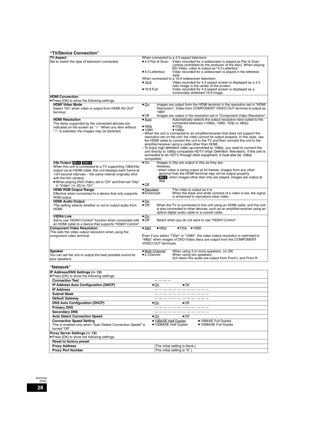 Panasonic DMP-BD50 warranty TV/Device Connection, Network 