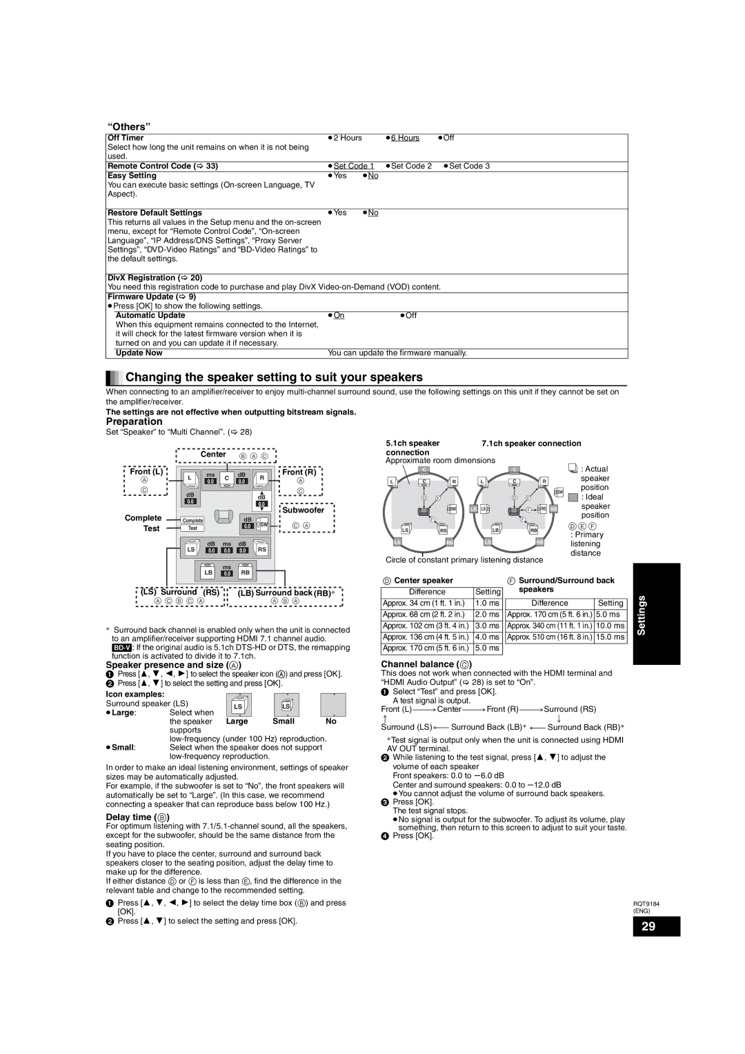 Panasonic DMP-BD50 Changing the speaker setting to suit your speakers, Others, Speaker presence and size a, Delay time B 