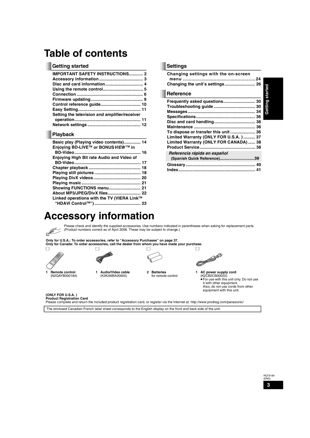 Panasonic DMP-BD50 warranty Table of contents, Accessory information 