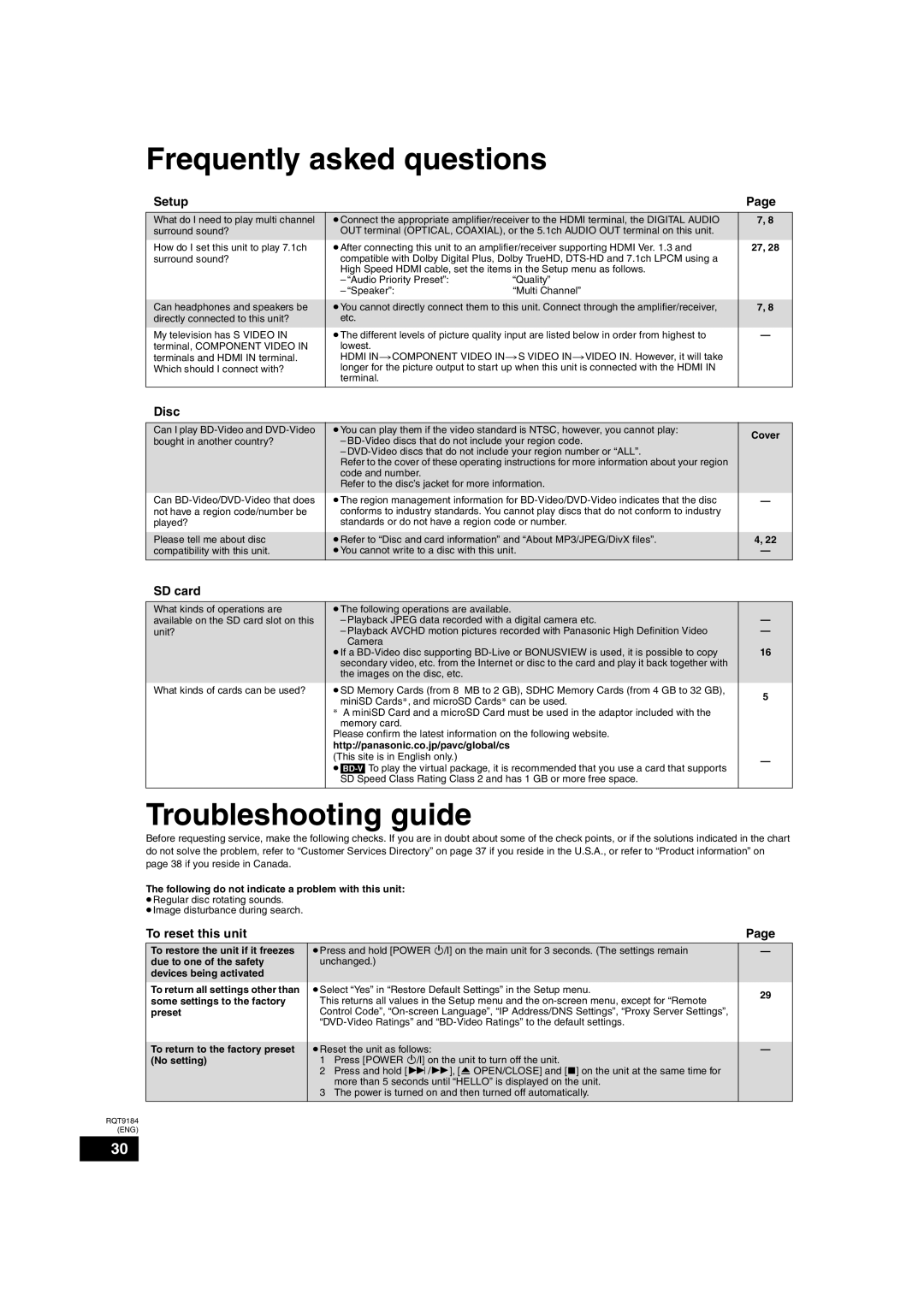 Panasonic DMP-BD50 warranty Frequently asked questions, Troubleshooting guide, Setup, SD card, To reset this unit 