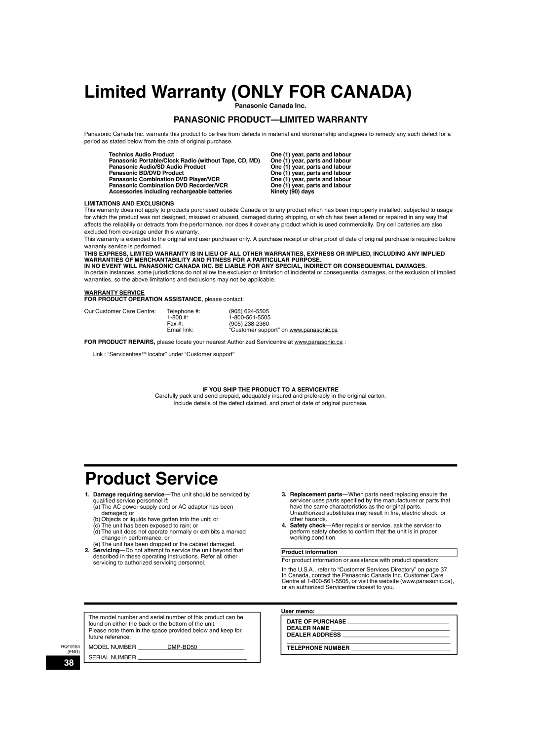 Panasonic DMP-BD50 warranty Limited Warranty only for Canada, Product Service, Panasonic Canada Inc 