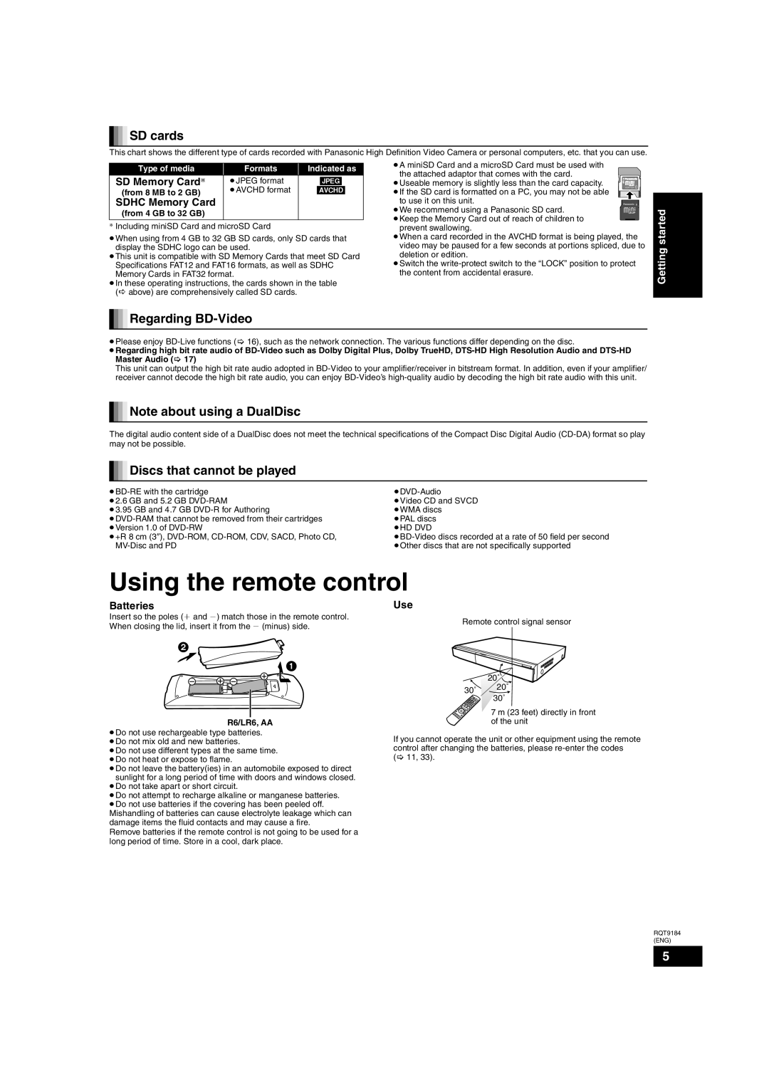 Panasonic DMP-BD50 Using the remote control, SD cards, Regarding BD-Video, Discs that cannot be played, Batteries Use 