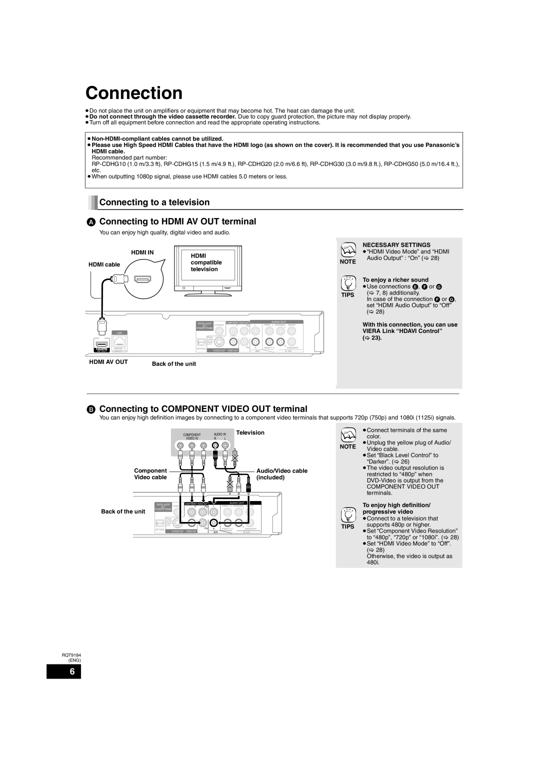 Panasonic DMP-BD50 warranty Connection, Connecting to Component Video OUT terminal 