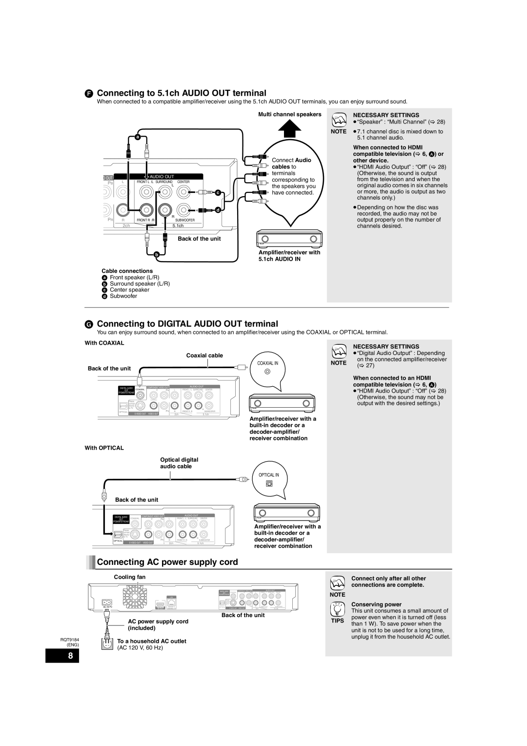 Panasonic DMP-BD50 warranty Connecting to 5.1ch Audio OUT terminal, Connecting to Digital Audio OUT terminal 