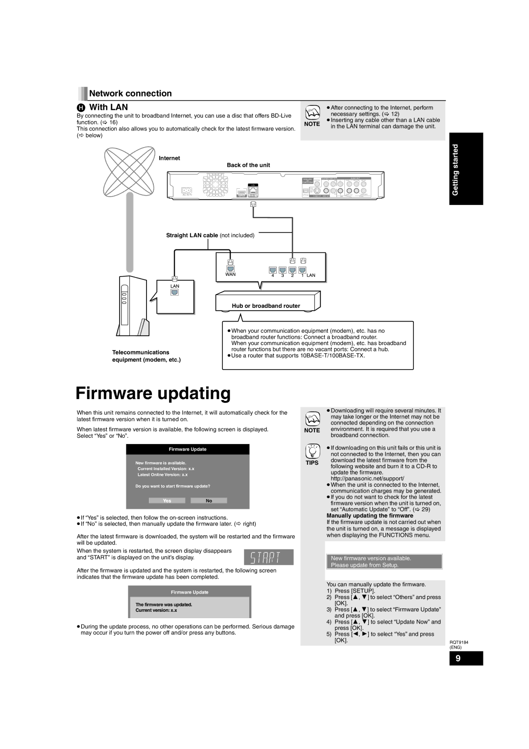 Panasonic DMP-BD50 warranty Firmware updating, Network connection 