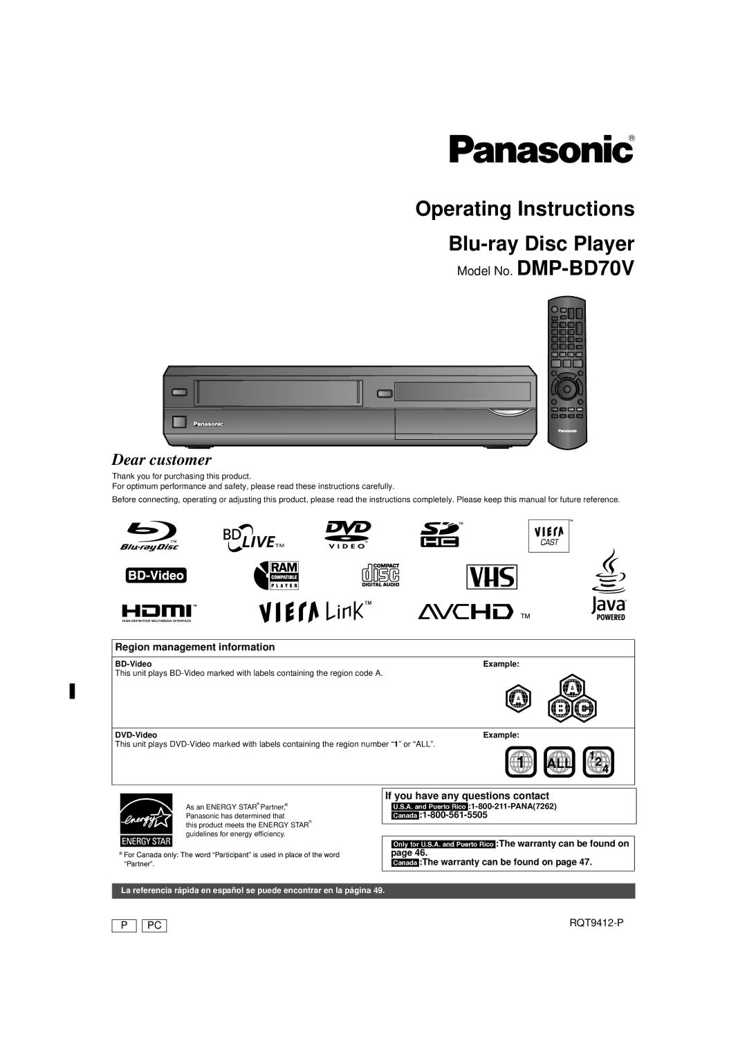 Panasonic DMP-BD70V operating instructions Region management information, If you have any questions contact 