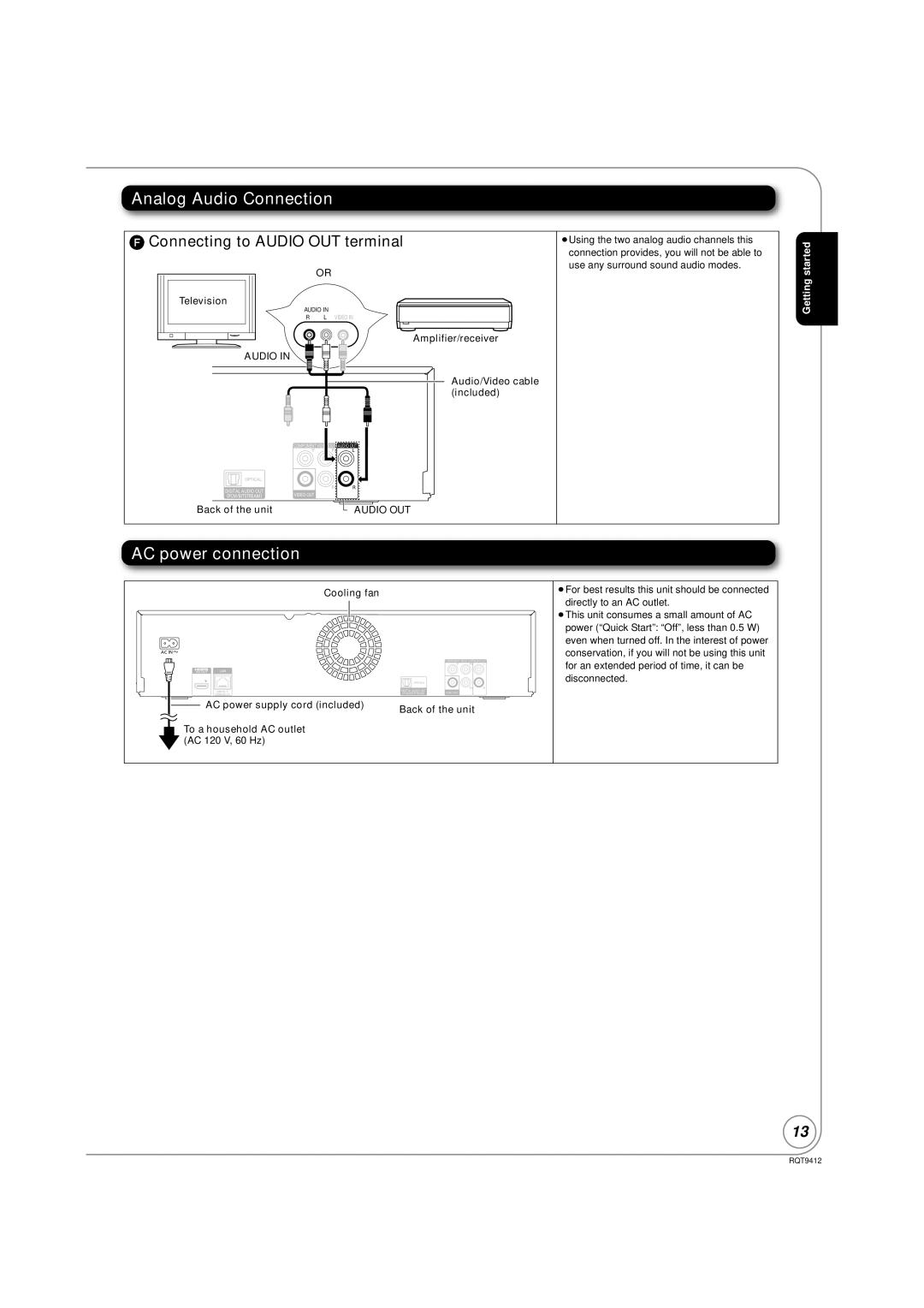 Panasonic DMP-BD70V operating instructions Analog Audio Connection, AC power connection 