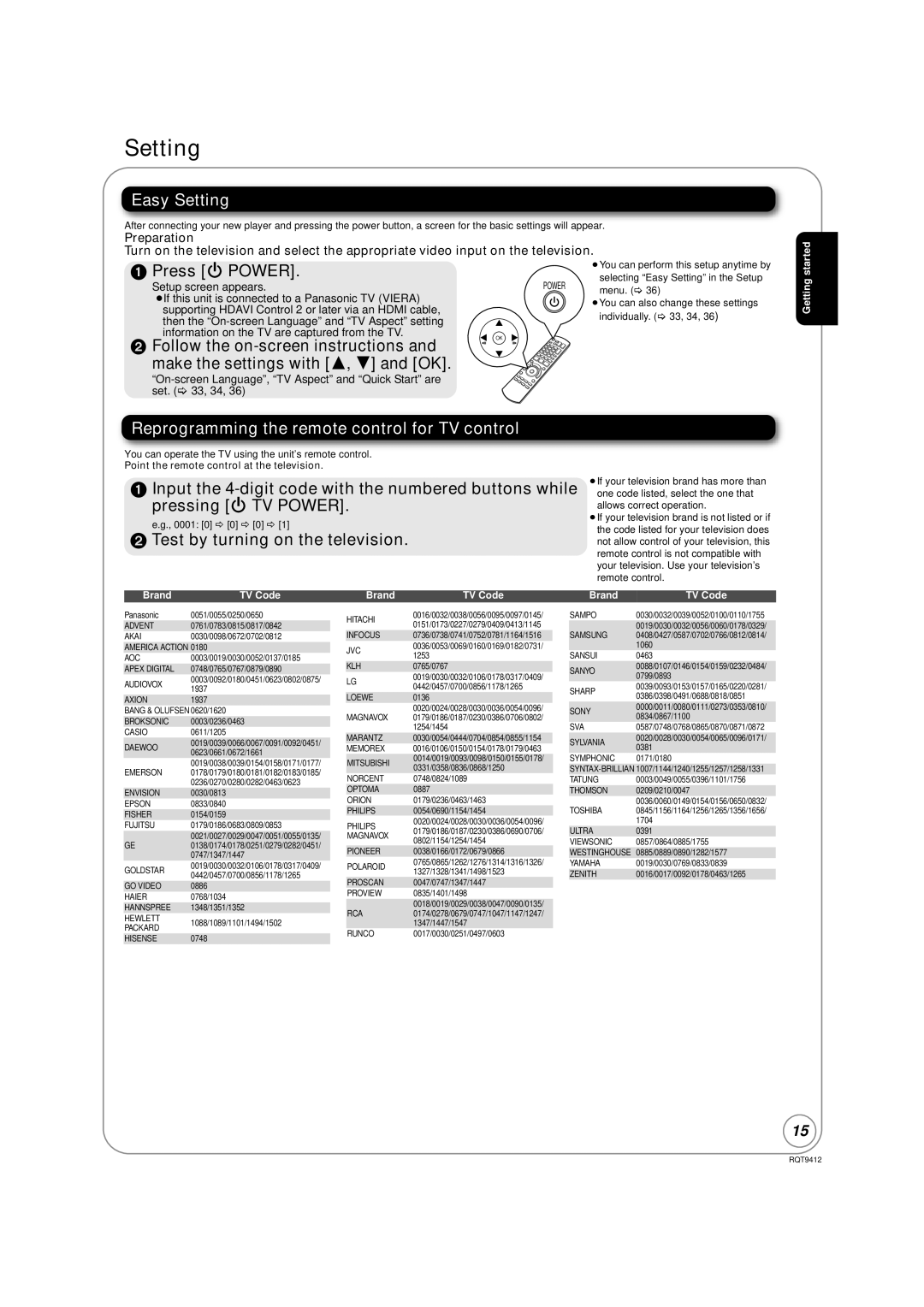 Panasonic DMP-BD70V operating instructions Easy Setting, Press Í Power, Reprogramming the remote control for TV control 