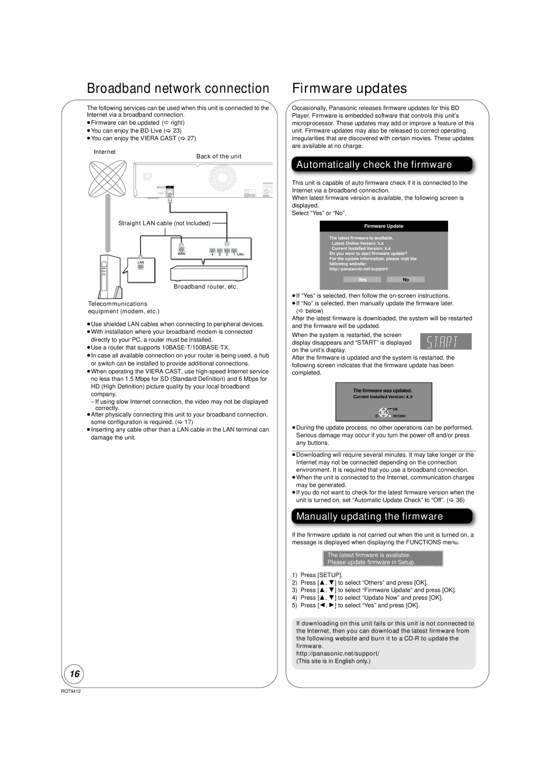 Panasonic DMP-BD70V operating instructions Broadband network connection, Firmware updates, Automatically check the firmware 