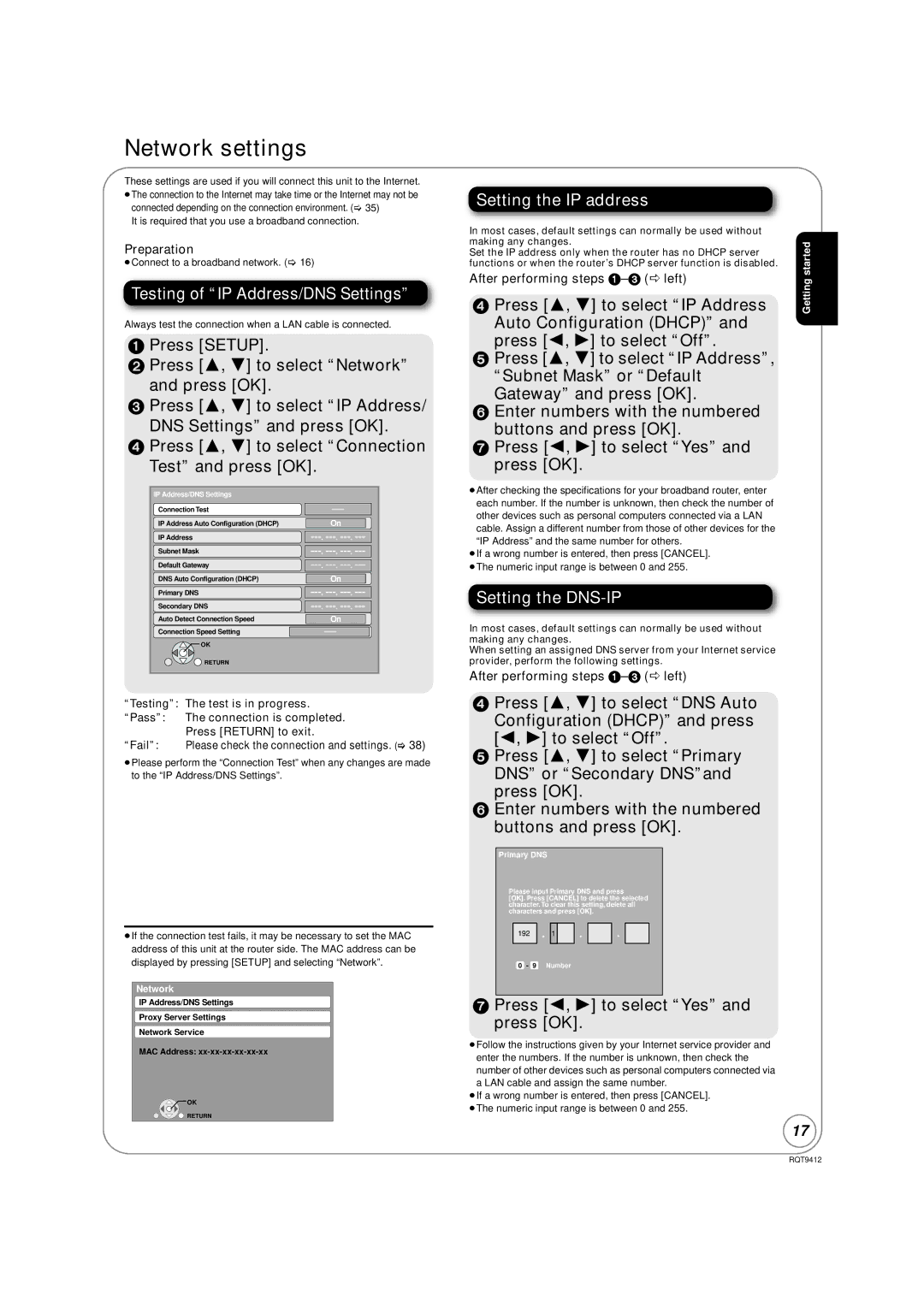 Panasonic DMP-BD70V Network settings, Testing of IP Address/DNS Settings, Setting the IP address, Setting the DNS-IP 