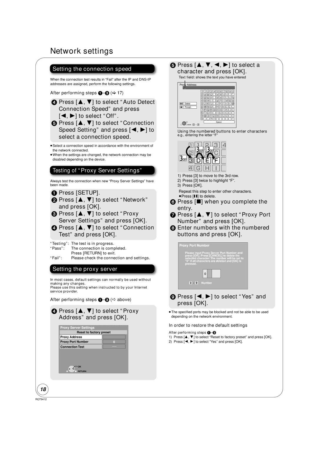 Panasonic DMP-BD70V Setting the connection speed, Testing of Proxy Server Settings, Setting the proxy server 