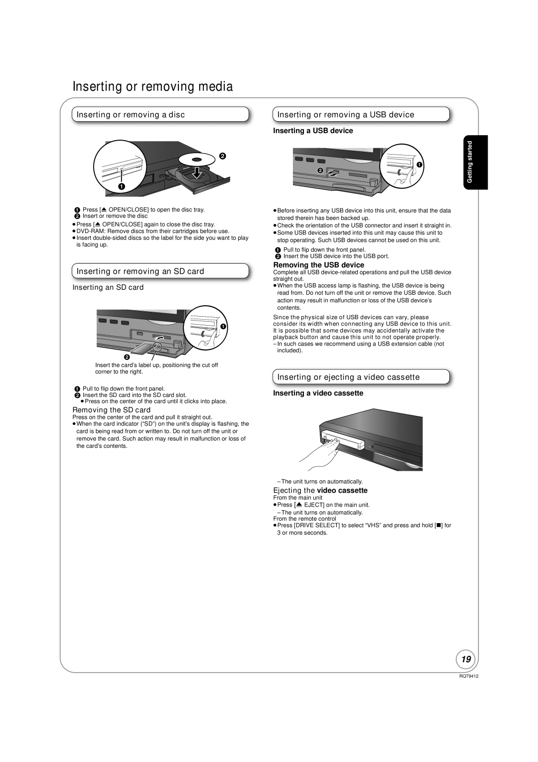 Panasonic DMP-BD70V Inserting or removing media, Inserting or removing a disc, Inserting or removing an SD card 