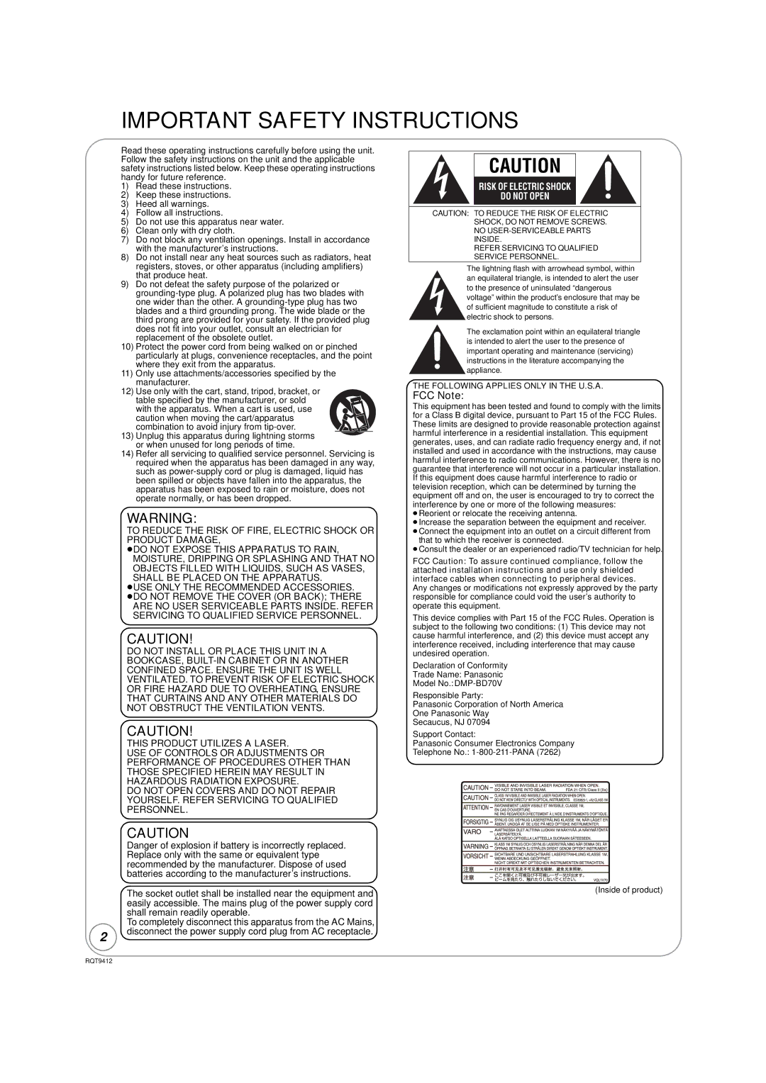 Panasonic DMP-BD70V operating instructions FCC Note, Following Applies only in the U.S.A 