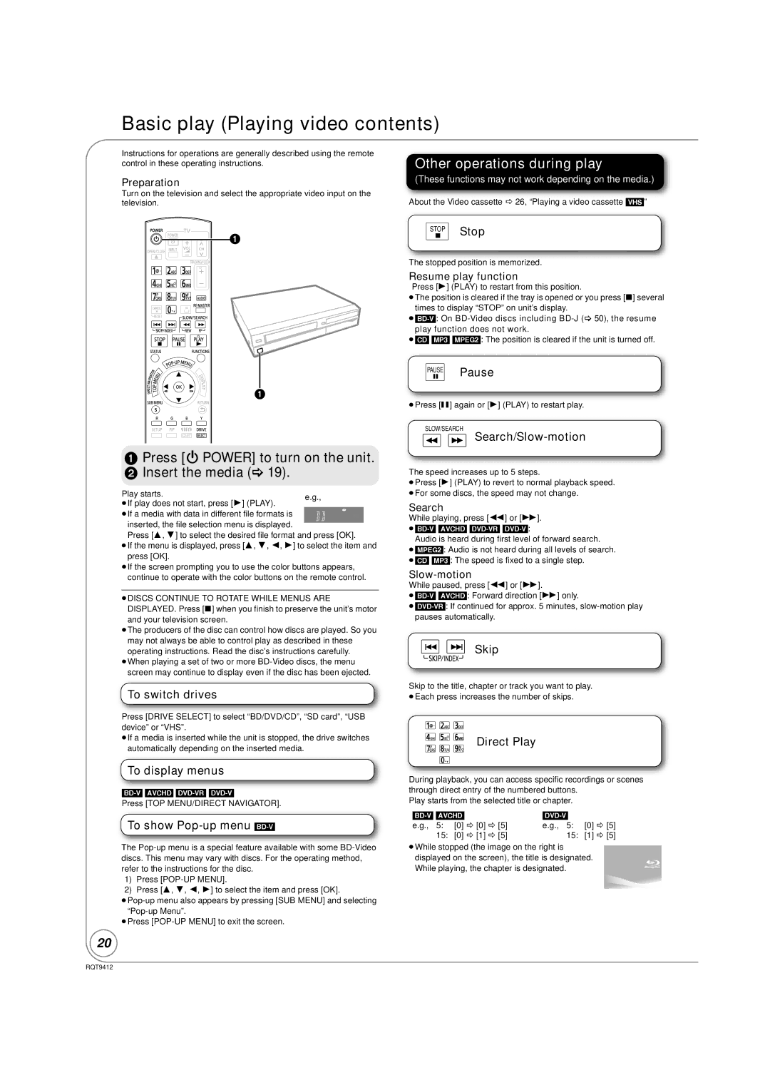 Panasonic DMP-BD70V operating instructions Basic play Playing video contents 