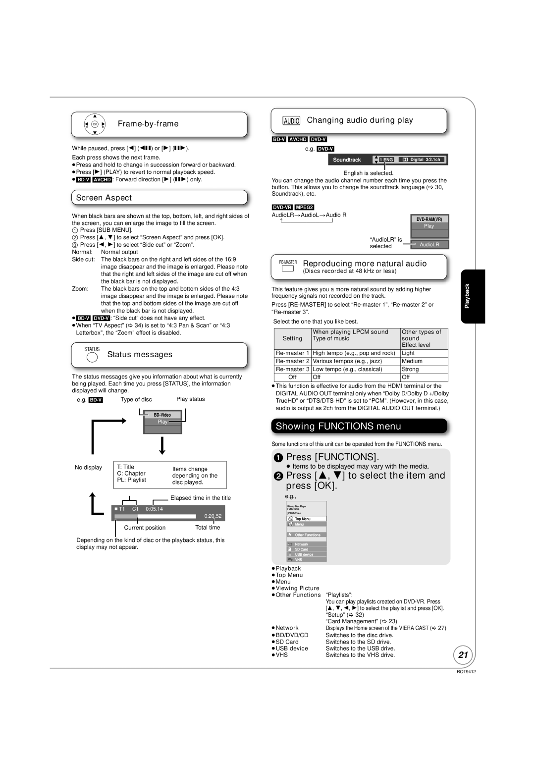 Panasonic DMP-BD70V operating instructions Showing Functions menu, Press Functions, Press 3, 4 to select the item Press OK 