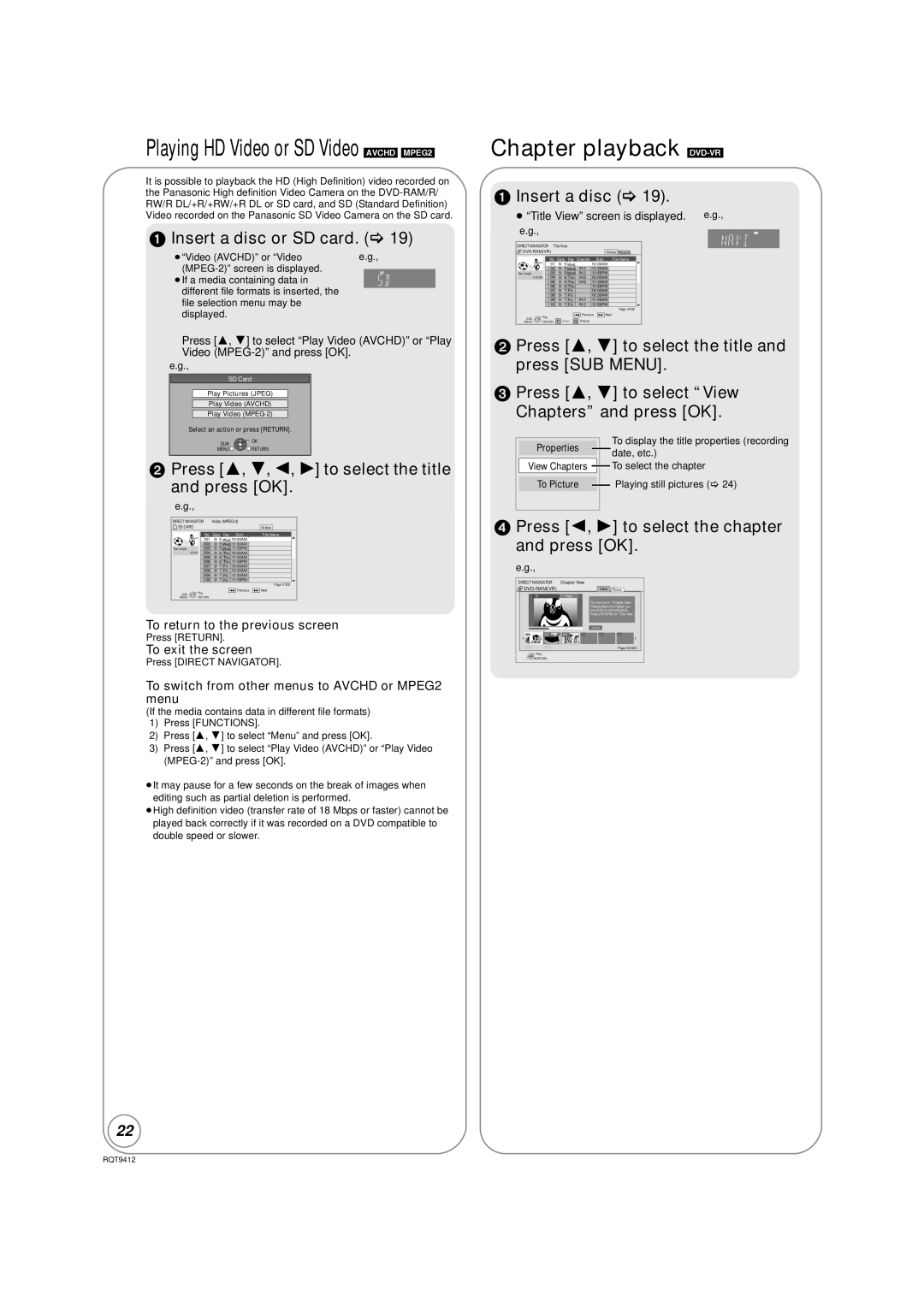 Panasonic DMP-BD70V Chapter playback DVD-VR, Insert a disc or SD card, Press 3, 4, 2, 1 to select the title and press OK 