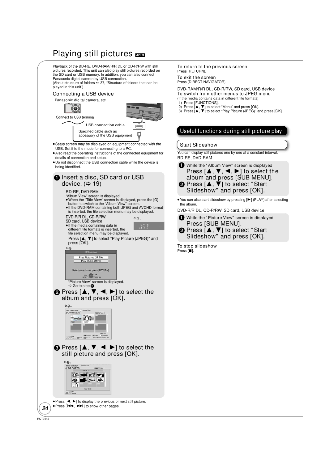 Panasonic DMP-BD70V operating instructions Playing still pictures Jpeg, Insert a disc, SD card or USB device 