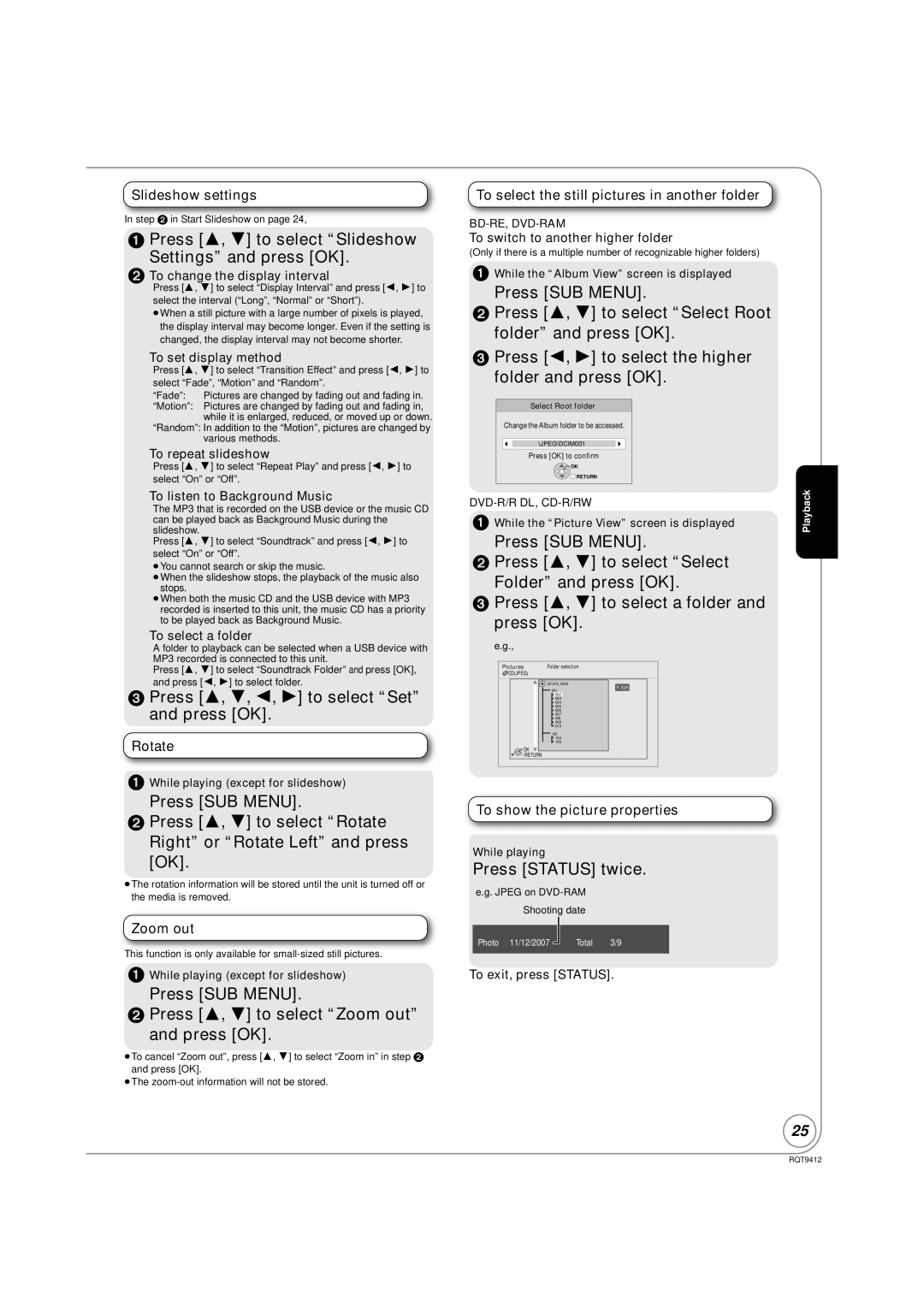 Panasonic DMP-BD70V Press 3, 4 to select Slideshow Settings and press OK, Press 3, 4, 2, 1 to select Set and press OK 