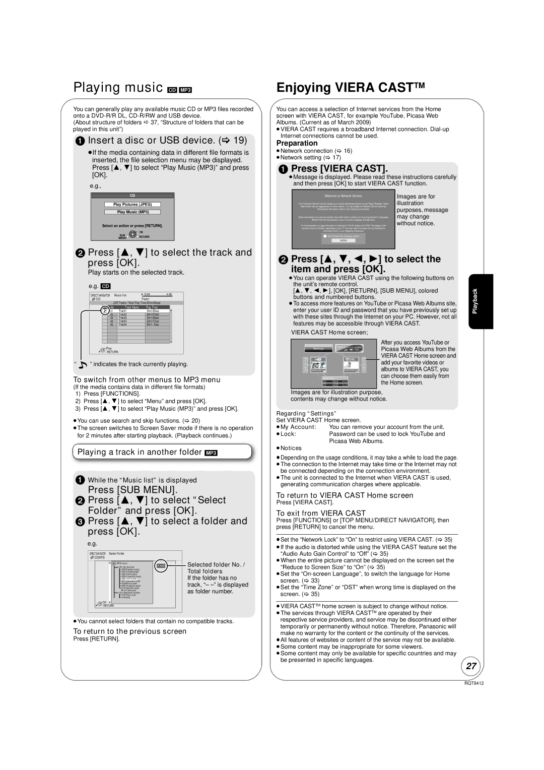 Panasonic DMP-BD70V Playing music CD MP3, Insert a disc or USB device, Press 3, 4 to select the track Press OK 