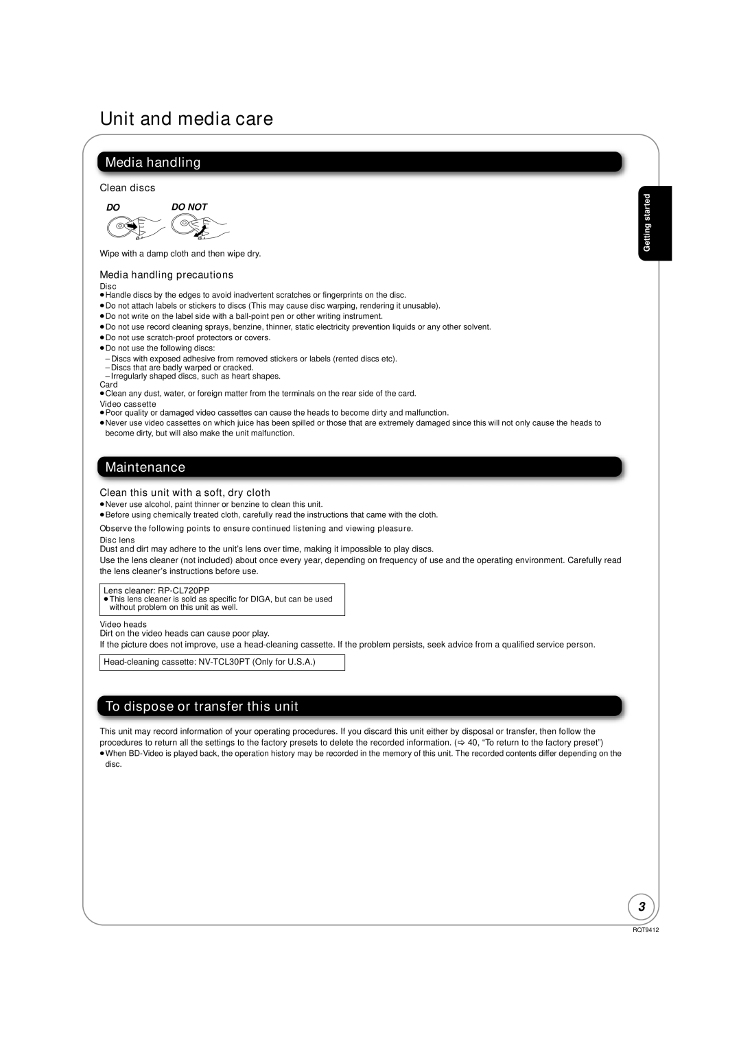 Panasonic DMP-BD70V Unit and media care, Media handling, Maintenance, To dispose or transfer this unit 