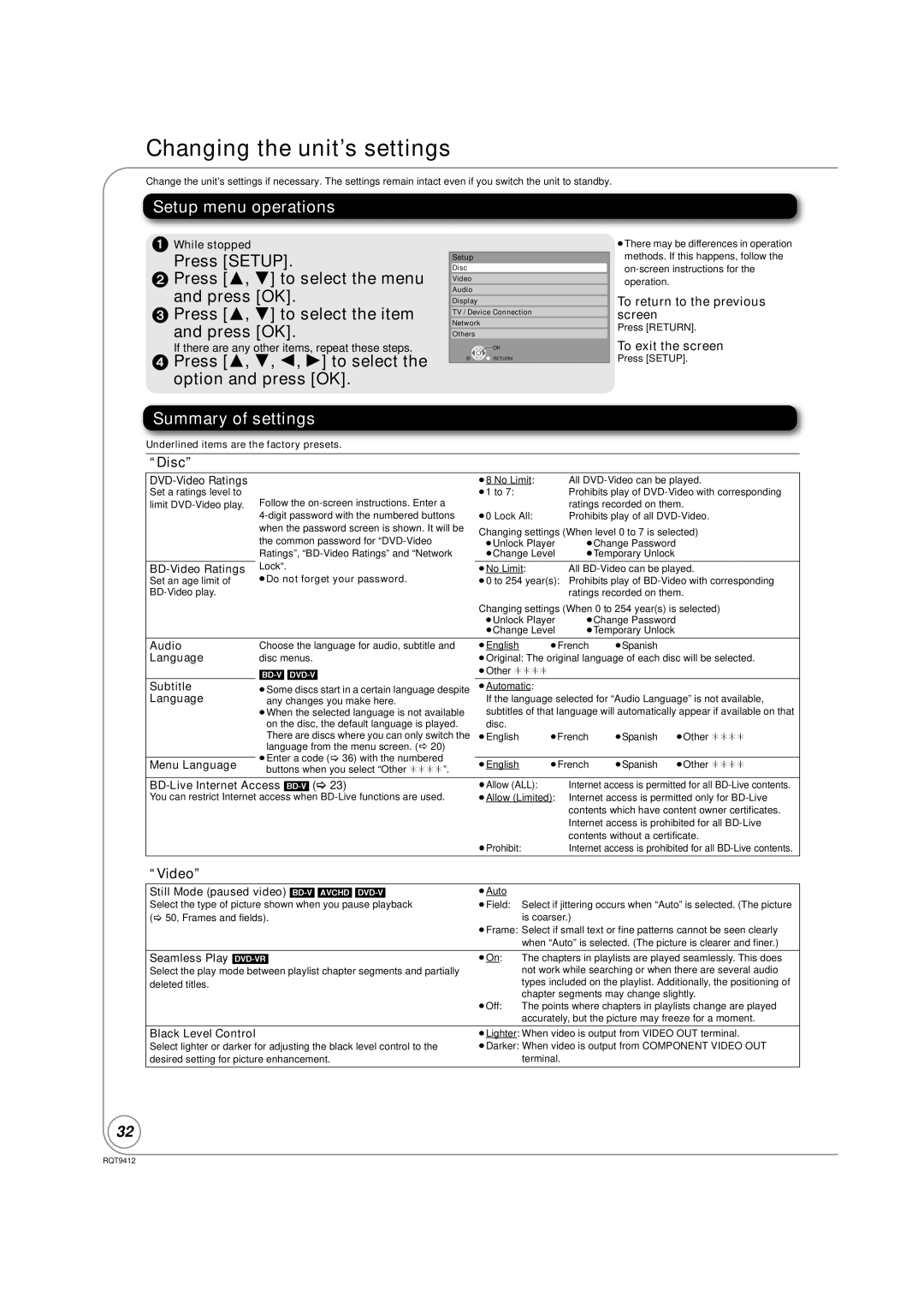 Panasonic DMP-BD70V operating instructions Changing the unit’s settings, Setup menu operations, Summary of settings 