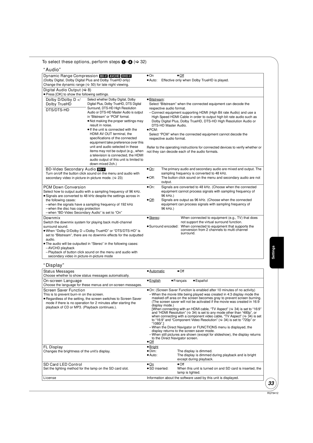 Panasonic DMP-BD70V operating instructions Audio, Display, To select these options, perform steps 1-4 