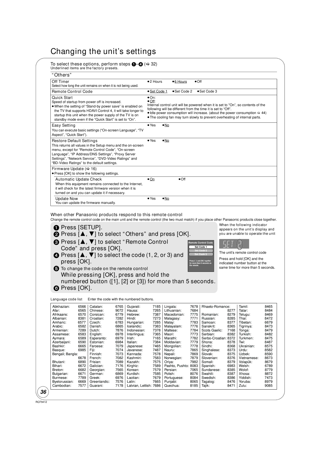 Panasonic DMP-BD70V operating instructions Code and press OK, Press 3, 4 to select the code 1, 2, or 3, Others 