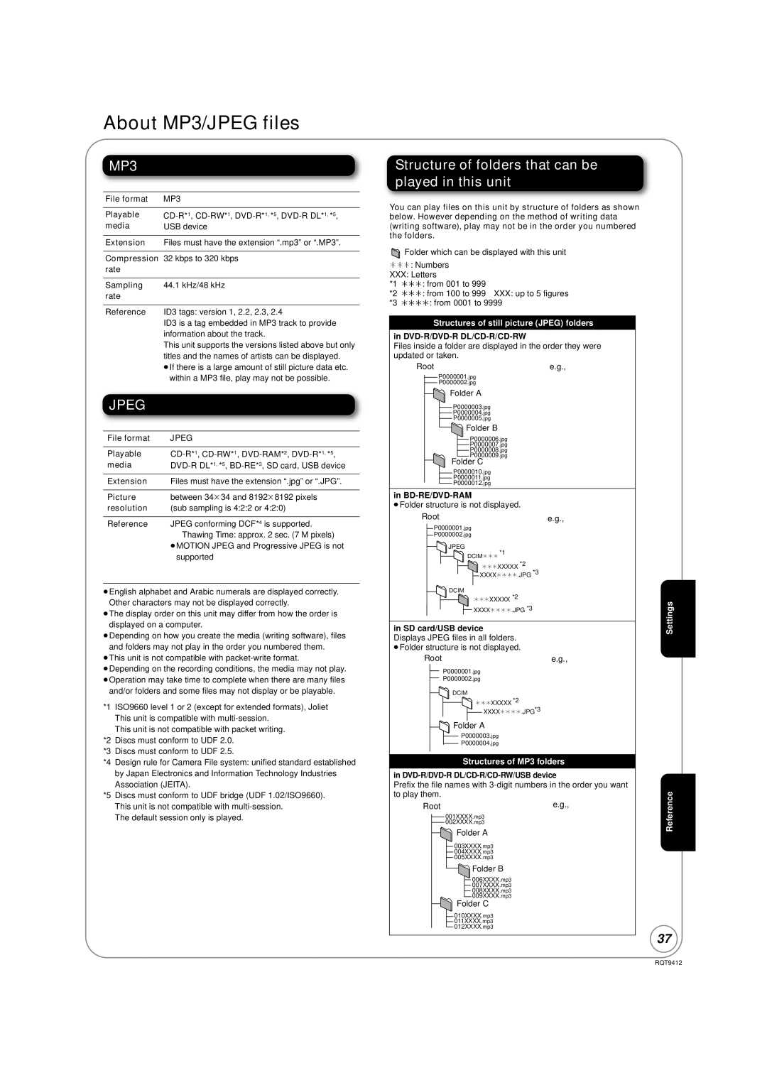 Panasonic DMP-BD70V operating instructions About MP3/JPEG files, Structure of folders that can be played in this unit 