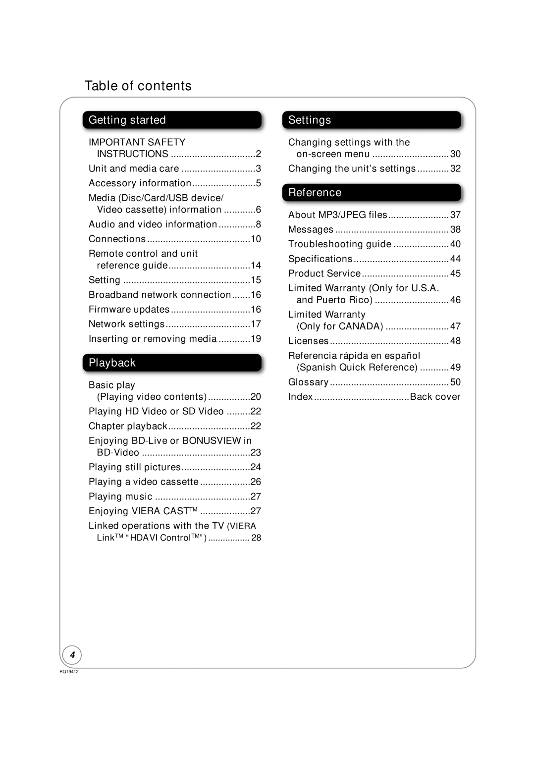 Panasonic DMP-BD70V operating instructions Table of contents 