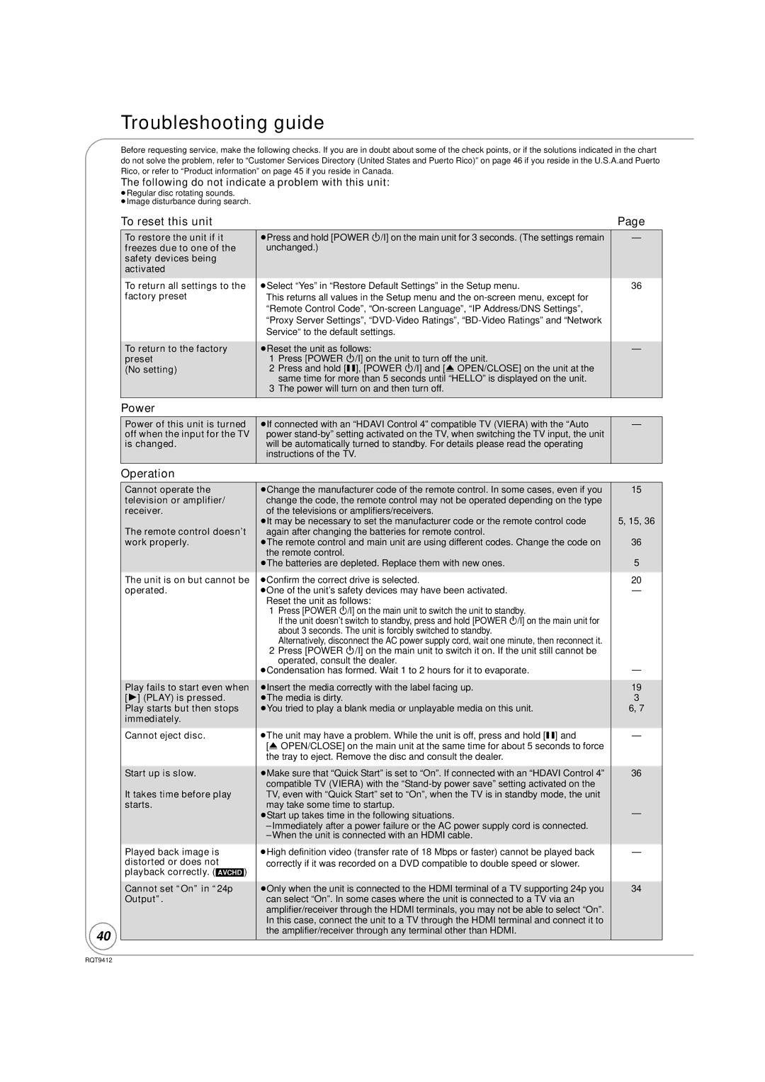 Panasonic DMP-BD70V operating instructions Troubleshooting guide, To reset this unit, Power, Operation 