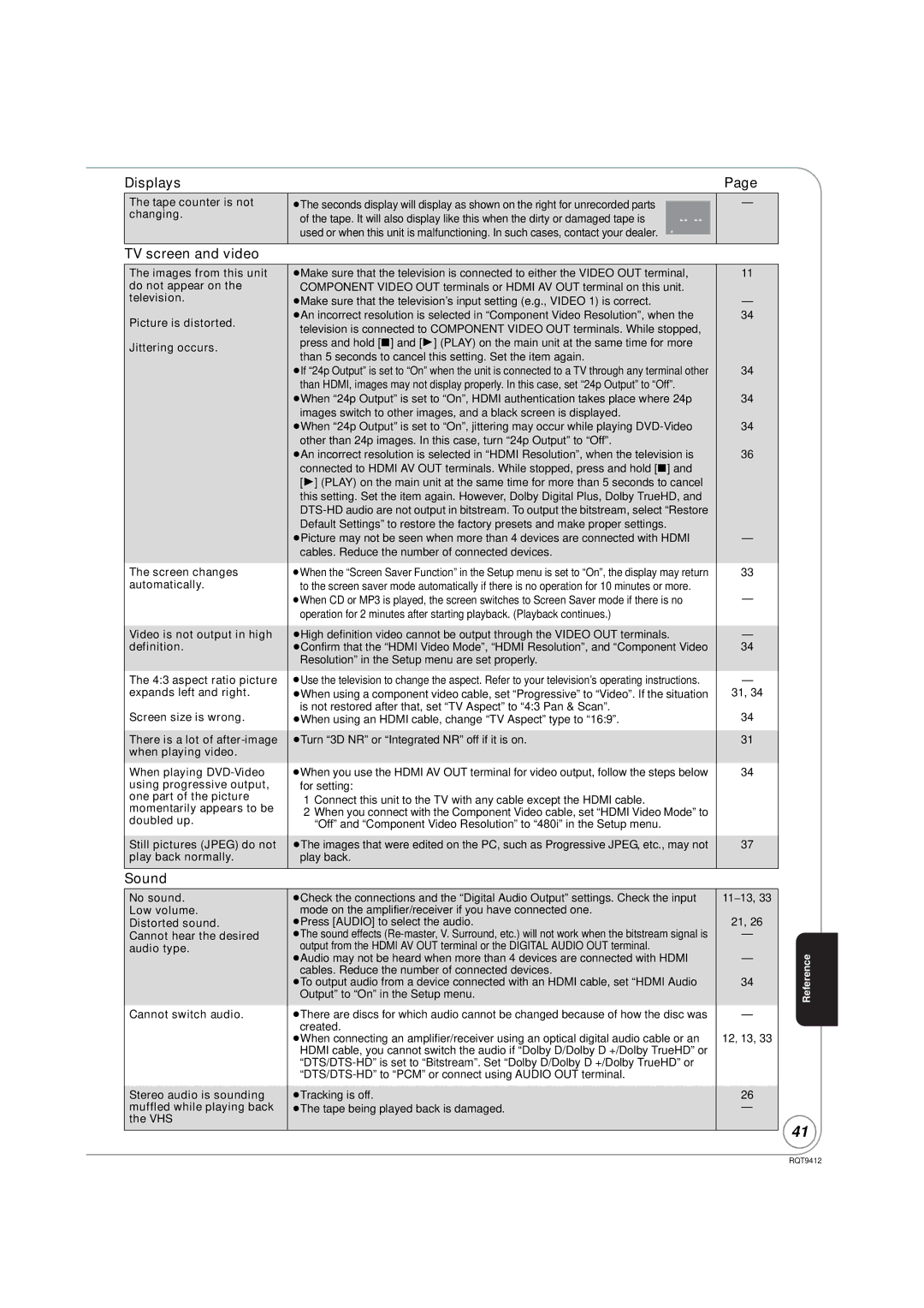 Panasonic DMP-BD70V operating instructions Displays, TV screen and video, Sound 