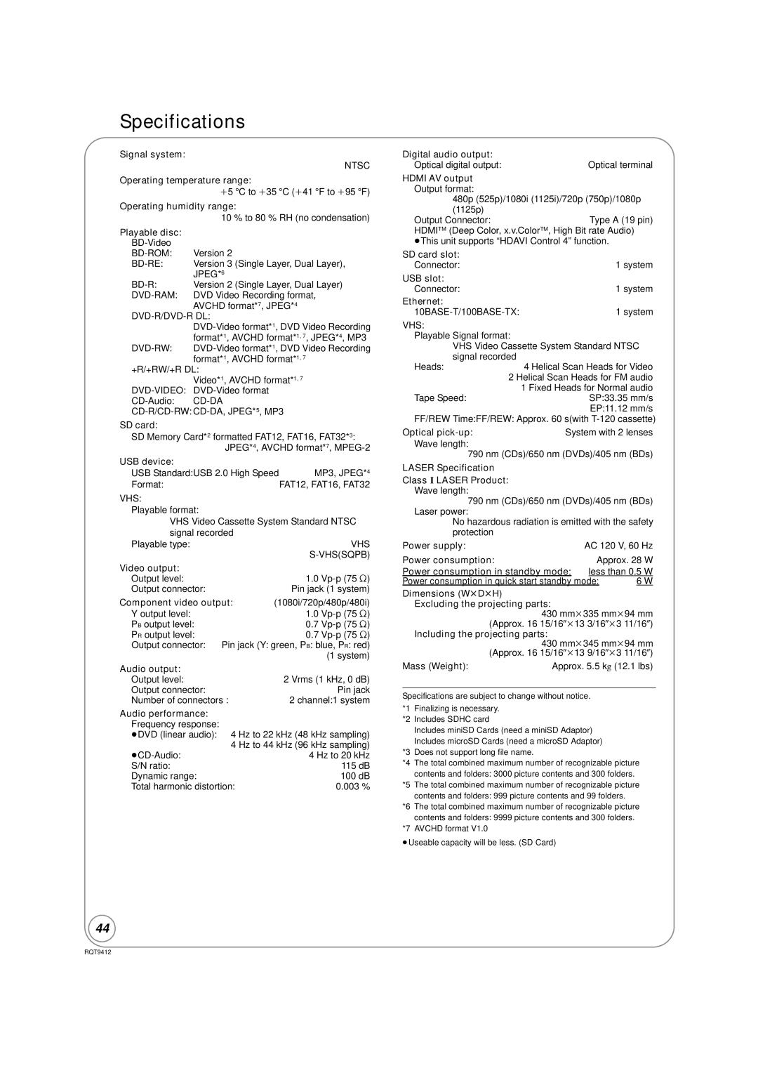 Panasonic DMP-BD70V operating instructions Specifications 