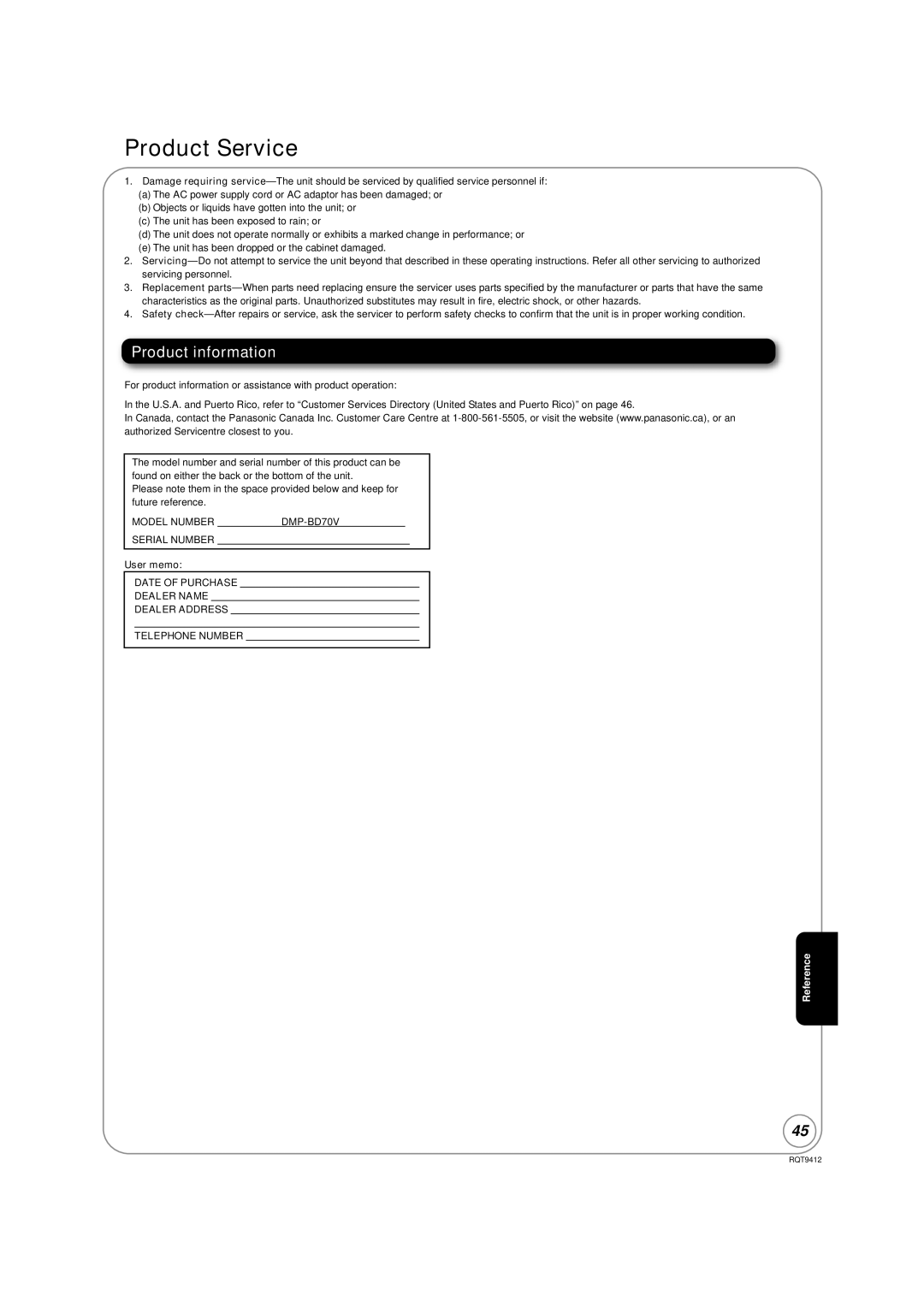 Panasonic DMP-BD70V operating instructions Product Service, User memo 