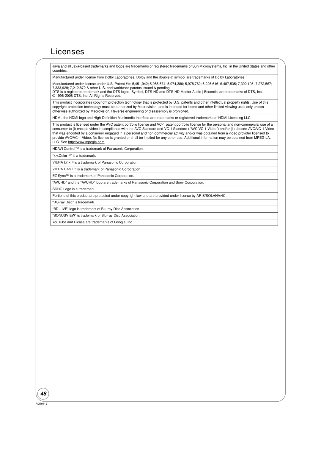 Panasonic DMP-BD70V operating instructions Licenses 