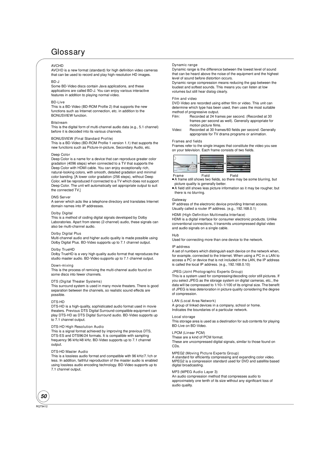 Panasonic DMP-BD70V operating instructions Glossary, Bd-J, Dts-Hd 