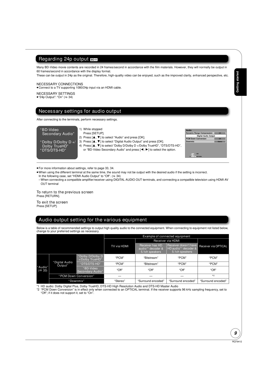 Panasonic DMP-BD70V Regarding 24p output BD-V, Necessary settings for audio output, To return to the previous screen 