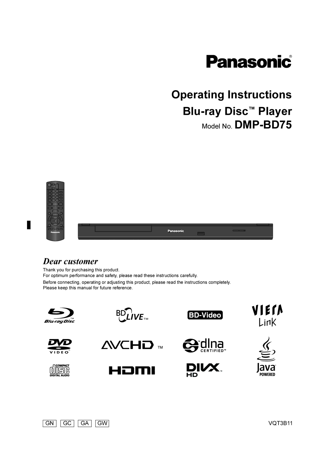 Panasonic manual Operating Instructions Blu-ray Disc Player, Model No. DMP-BD75, Gn Gc Ga Gw 