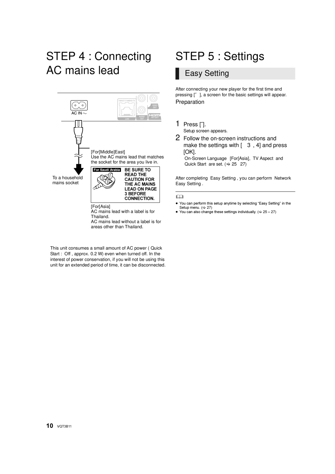 Panasonic DMP-BD75 manual Connecting Settings AC mains lead, Easy Setting, Preparation, Press Í 