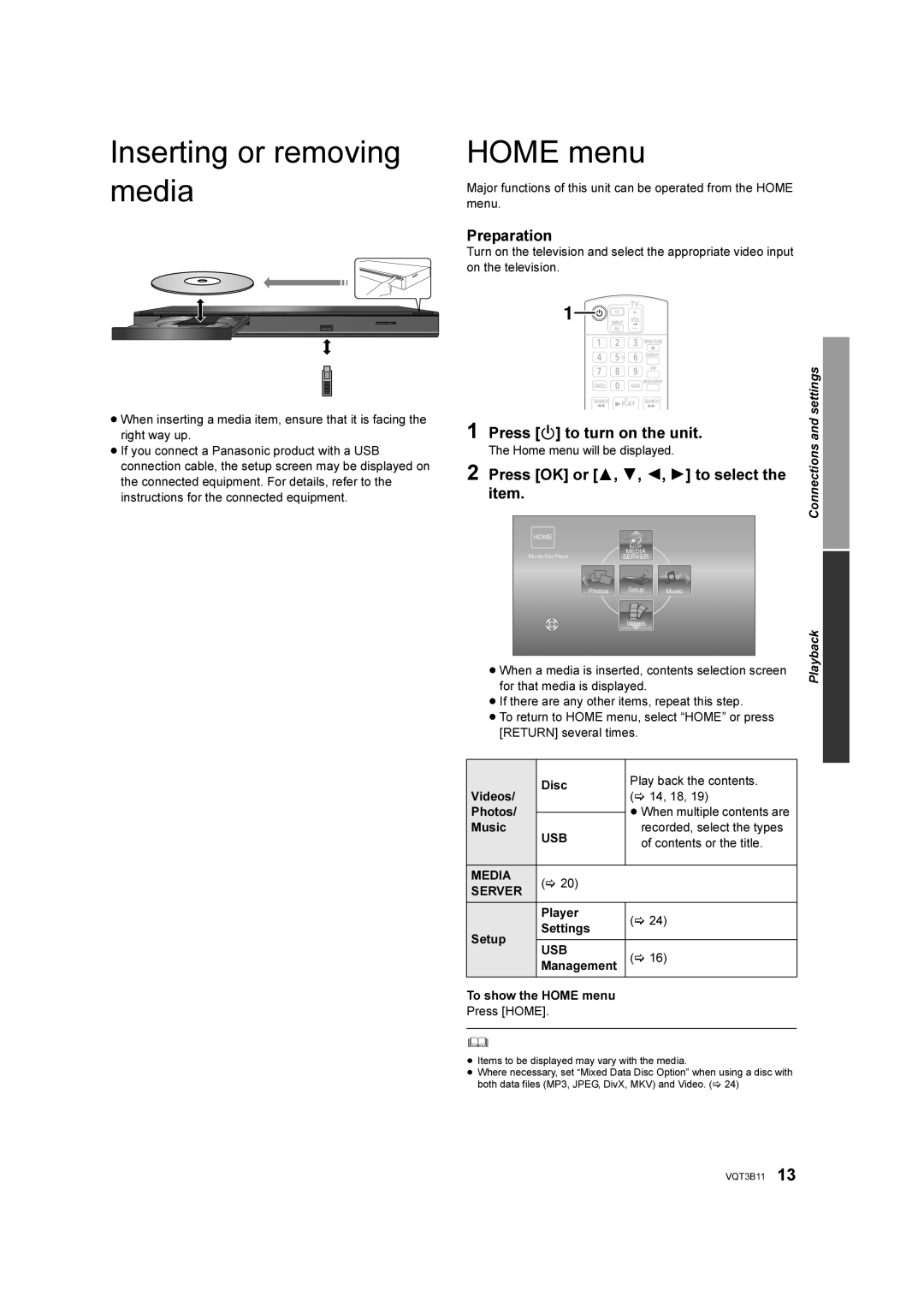 Panasonic DMP-BD75 Inserting or removing media, Home menu, Press Í to turn on the unit, Press OK or 3, 4, 2, 1 to select 