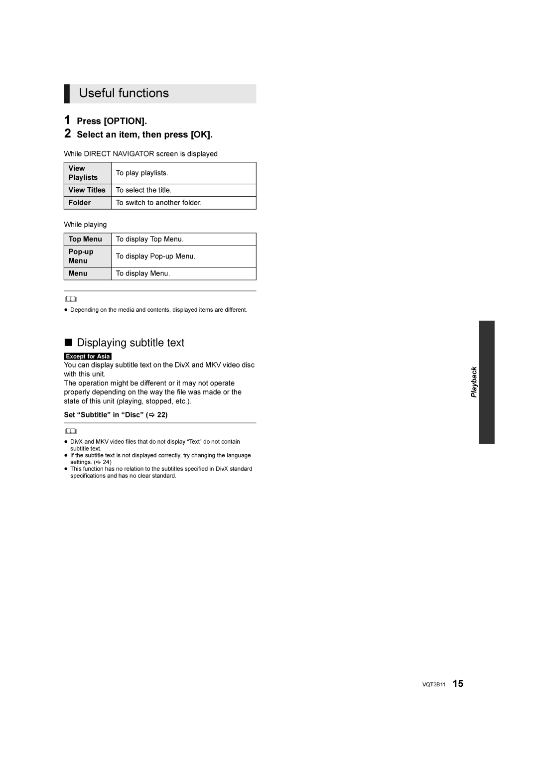 Panasonic DMP-BD75 manual Useful functions, Displaying subtitle text, Press Option Select an item, then press OK 